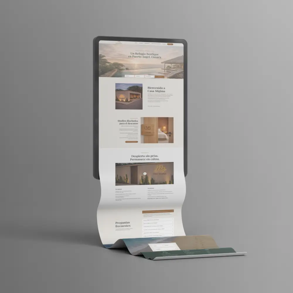 Casa Migima hospitality website mockup with direct booking flow integrated through Sirvoy