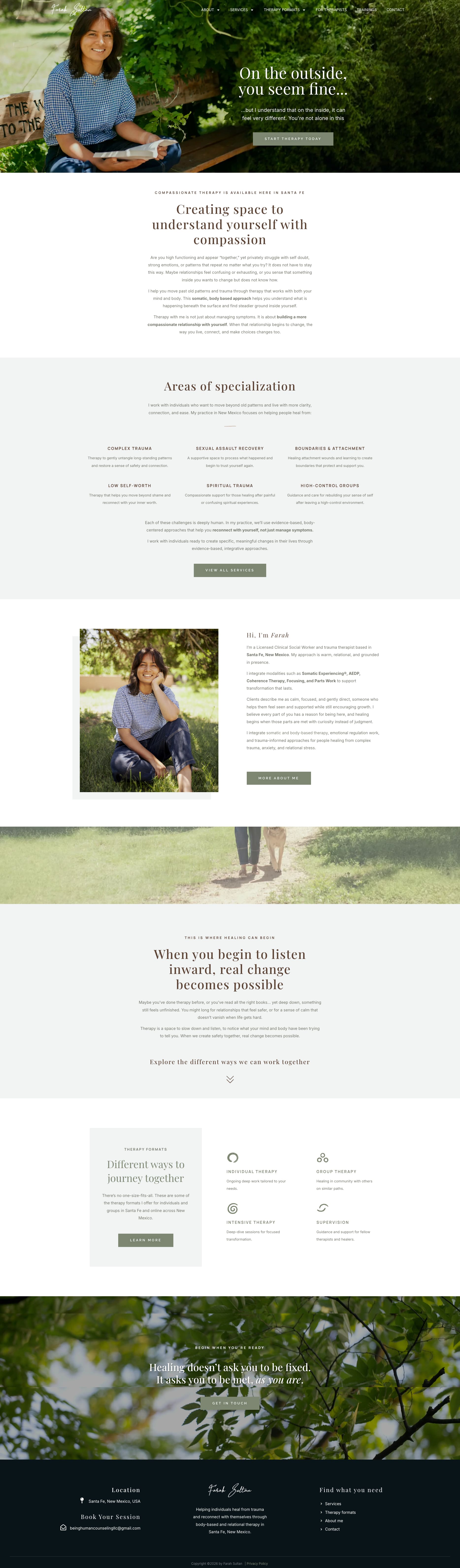 Farah Sultan therapist website homepage with calm brand identity and clear positioning