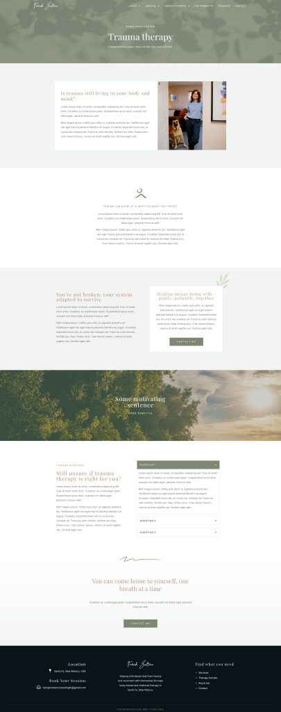 Therapist website design presenting trauma therapy services with a grounded and trustworthy tone