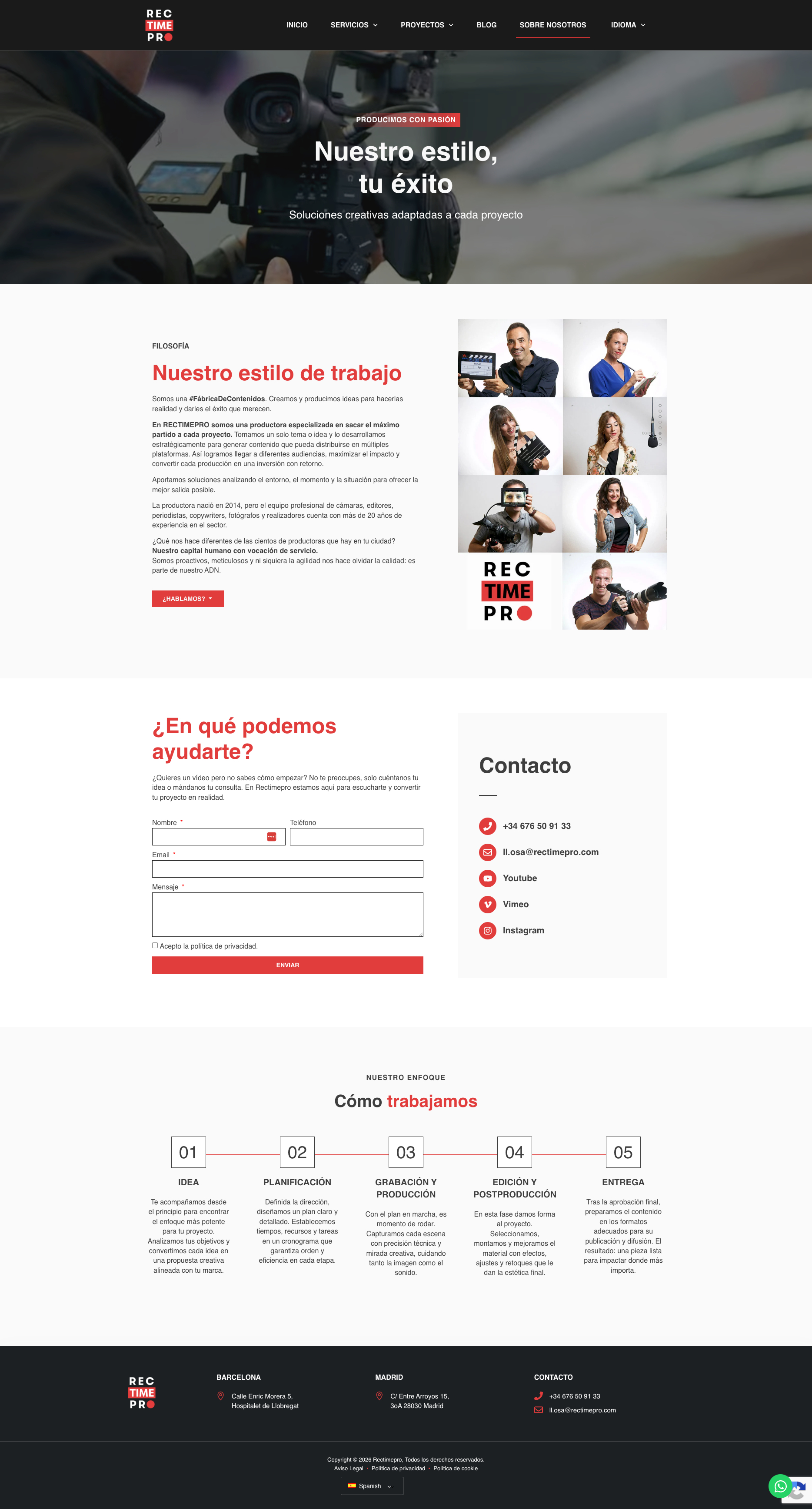 Rectimepro services page design for audiovisual production and creative content
