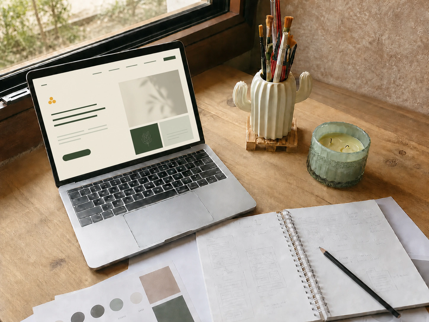 Proceso de diseño web con portátil, bocetos y muestras de color sobre una mesa
